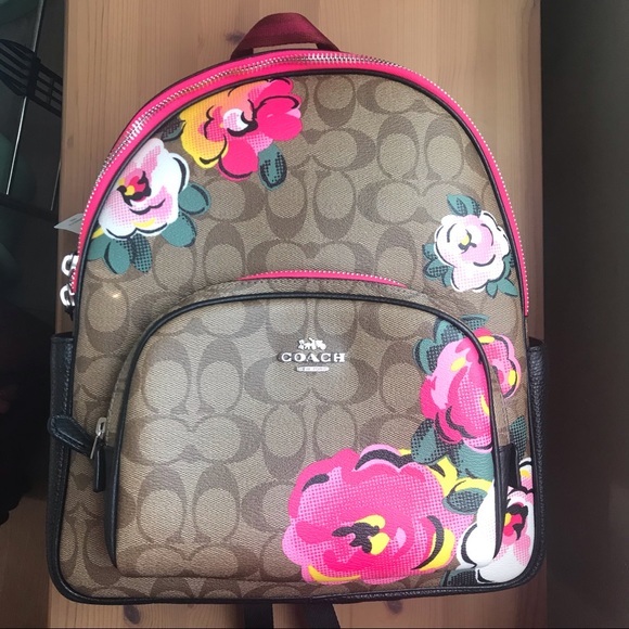 coach backpack with purple flower Coach Backpack Mercer Hawaiian Palm F72083 Grayish Purple Coated Canvas Leather  Bag Flower Motif Women's COACH